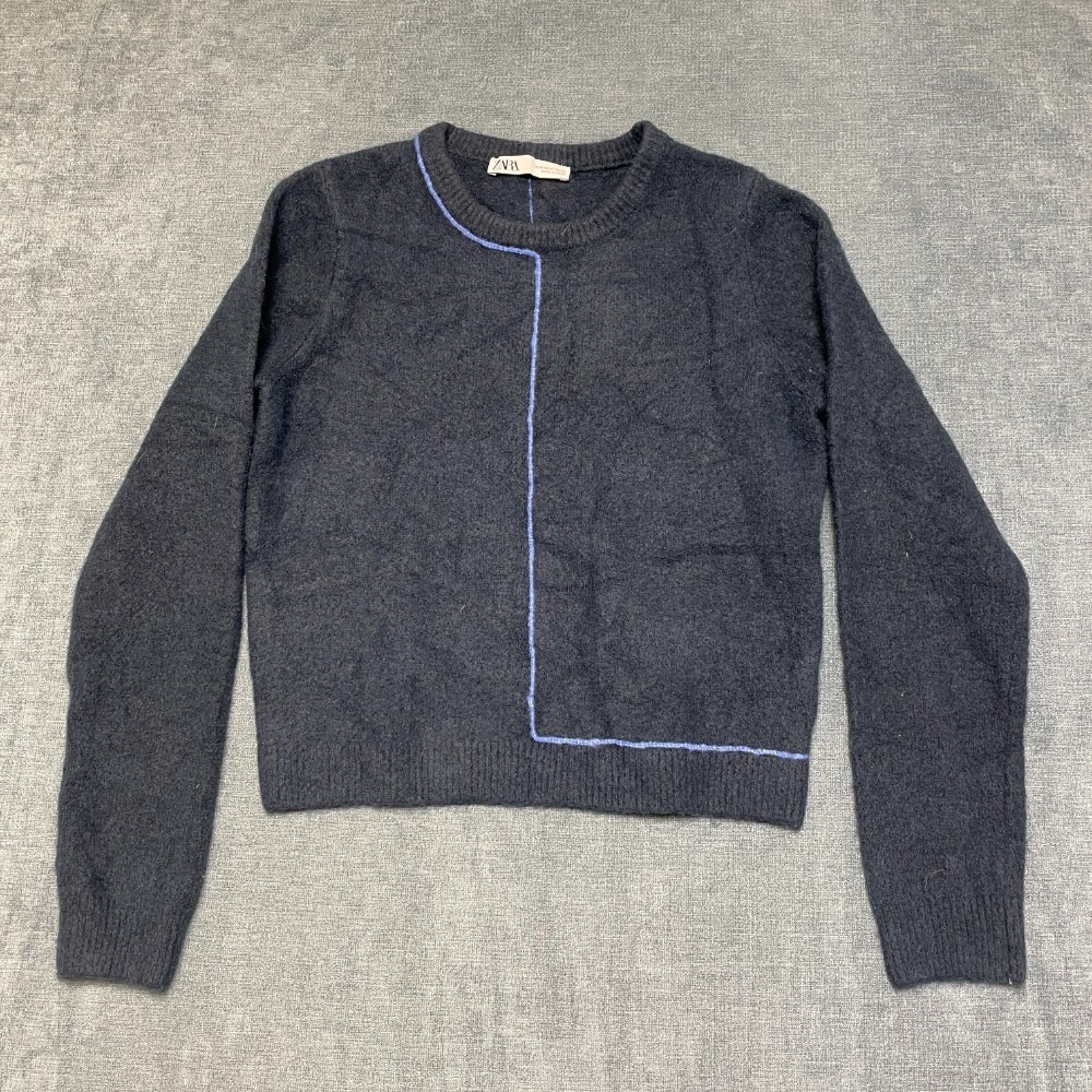 Zara Sweater Womens Medium Navy Blue Knitted Crew Neck Long Sleeve Cozy Pullover